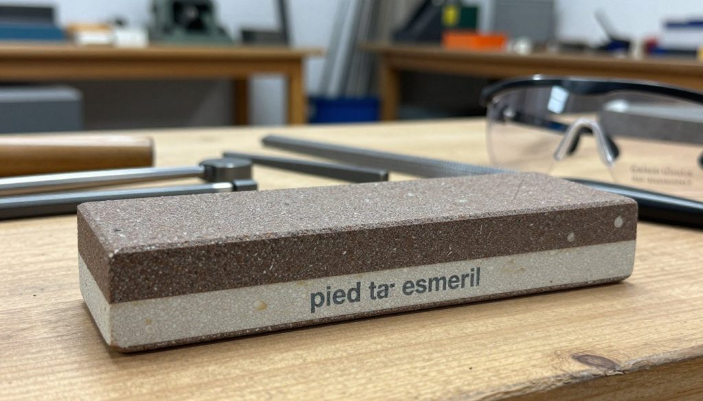 A detailed close-up of a "piedra esmeril" grinding stone, showcasing its textured surface and distinct color variations, sitting on a wooden workbench. The foreground features the grinding stone centered, with fine grit visible under bright, natural lighting that highlights its imperfections and character. In the middle, tools such as a metal file and a pair of safety glasses are partially visible, suggesting an active workspace. The background includes blurred industrial elements like shelves filled with assorted machinery parts, contributing to the workshop atmosphere. The overall mood is professional and industrious, reflecting the specialized applications of grinding stones in various trade tools. The brand name “Galpão das máquinas” is subtly integrated within the workspace, with no text overlays or distractions from the main image focus.