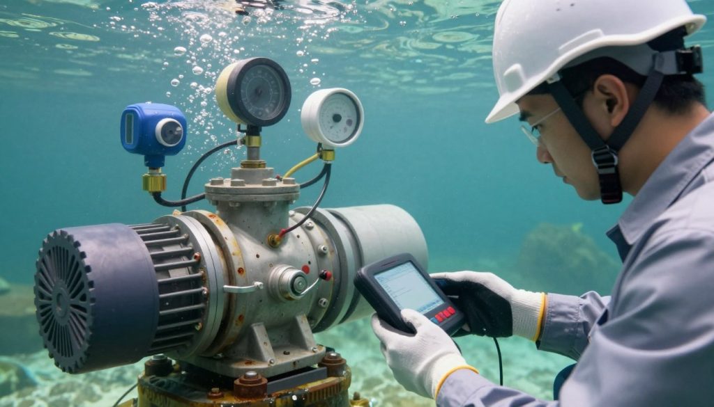 A detailed close-up of a submerged pump in a clear body of water, showcasing various sensors and monitoring equipment attached. In the foreground, a professional technician wearing a safety helmet, gloves, and a business-like outfit examines the pump, looking intently at a portable diagnostic device in his hands. The middle ground features the pump itself, with visible indicators of wear and tear, such as rust and small leaks. The background includes a serene underwater landscape with bubbles rising to the surface, evoking a sense of calm amidst the technical evaluation. Soft, natural lighting filters through the water, creating a clear, vivid atmosphere that emphasizes the importance of early problem detection in submerged pumps. The angle captures the technician's focused expression, highlighting the seriousness of maintenance and early detection.