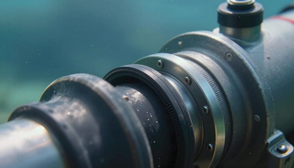 A detailed close-up of a submerged sealing system used in submersible pumps, showcasing various materials such as rubber, silicone, and advanced polymers. In the foreground, focus on the intricate texture of the seals, highlighting their flexibility and durability. The middle ground should feature components like retaining rings and metal casings, demonstrating how they interlock with the seals. In the background, create a blurred underwater environment with subtle light rays filtering through water to evoke a sense of depth and immersion. The lighting should be soft, emphasizing the materials' sheen and properties without harsh shadows. Aim for a technical, professional atmosphere that conveys innovation and reliability in submersible pump sealing systems.