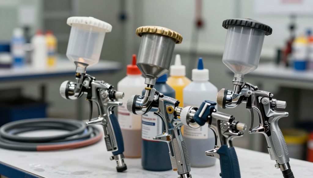 A detailed close-up of different paint spray gun feeding systems, showcasing gravity feed, suction feed, and pressure feed types in a workshop setting. The foreground includes the spray guns from various angles, highlighting their intricacies, such as the paint cup designs and air inlet connections. In the middle, various paint bottles and hoses are neatly arranged, illustrating the painting process. The background features a blurred industrial environment with tools and paint supplies, creating a professional atmosphere. Soft, diffused lighting enhances the metallic textures and color variations of the guns, while a slight focus on the foreground ensures depth. This image reflects the technical and practical side of paint spray guns, incorporating the branding of "Galpão das máquinas" subtly within the setting, conveying a mood of expertise and craftsmanship. A detailed close-up of different paint spray gun feeding systems, showcasing gravity feed, suction feed, and pressure feed types in a workshop setting. The foreground includes the spray guns from various angles, highlighting their intricacies, such as the paint cup designs and air inlet connections. In the middle, various paint bottles and hoses are neatly arranged, illustrating the painting process. The background features a blurred industrial environment with tools and paint supplies, creating a professional atmosphere. Soft, diffused lighting enhances the metallic textures and color variations of the guns, while a slight focus on the foreground ensures depth. This image reflects the technical and practical side of paint spray guns, incorporating the branding of "Galpão das máquinas" subtly within the setting, conveying a mood of expertise and craftsmanship.