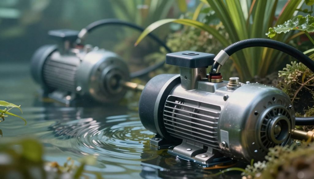 A detailed close-up of submerged pumps in a tranquil water setting, emphasizing the technical intricacies of their design. In the foreground, showcase a modern submersible pump with visible components like hoses and electrical connections, reflecting stainless steel and robust materials. The middle ground features a gentle water rippling effect around the pump, emphasizing its immersion. The background consists of underwater plant life, creating a natural habitat that highlights the environment where these pumps function. Soft, diffused lighting filters through the water, casting gentle shadows and highlighting the textures of the pump and surrounding flora. The overall atmosphere conveys a sense of caution and responsibility, illustrating the importance of safety practices in submerged pump usage. A detailed close-up of submerged pumps in a tranquil water setting, emphasizing the technical intricacies of their design. In the foreground, showcase a modern submersible pump with visible components like hoses and electrical connections, reflecting stainless steel and robust materials. The middle ground features a gentle water rippling effect around the pump, emphasizing its immersion. The background consists of underwater plant life, creating a natural habitat that highlights the environment where these pumps function. Soft, diffused lighting filters through the water, casting gentle shadows and highlighting the textures of the pump and surrounding flora. The overall atmosphere conveys a sense of caution and responsibility, illustrating the importance of safety practices in submerged pump usage.