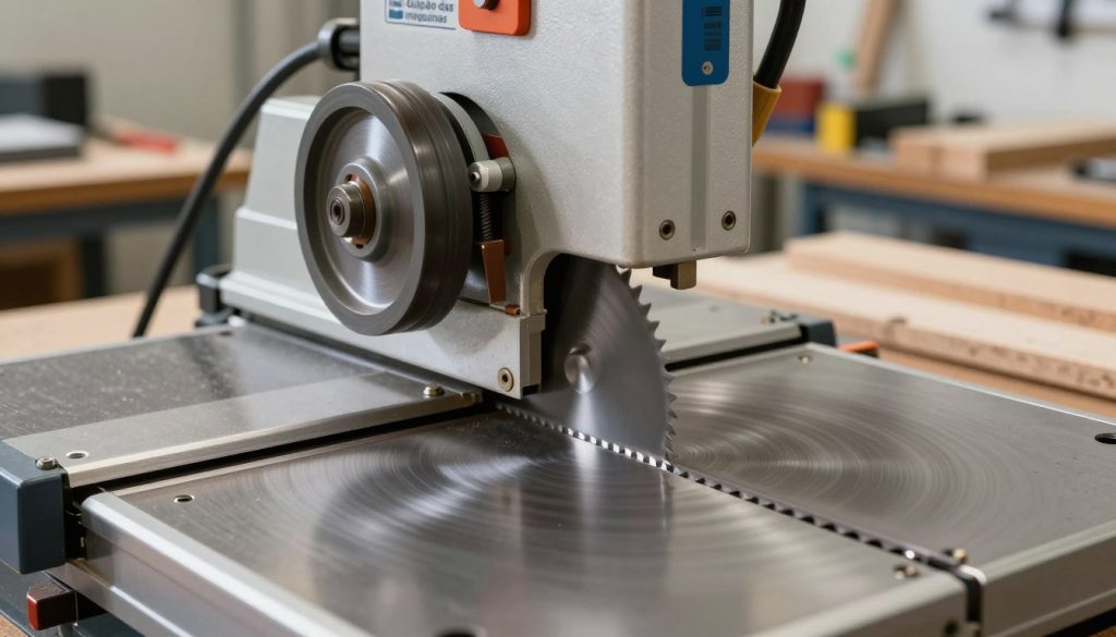 A detailed, close-up view of a band saw machine showcasing its essential components, specifically designed for cutting various materials. In the foreground, prominently feature the sharp, serrated blade spinning rapidly, glistening under bright, focused lighting to emphasize its metallic texture. The middle section should include the intricate wheel mechanism and tensioning system, highlighting the engineering involved. In the background, a clean, organized workshop environment with tools and wood pieces, creating a professional atmosphere. The lens should capture the scene from a slightly elevated angle, providing depth and clarity. The mood is industrious and focused, showcasing the importance of the band saw in fabrication and woodworking. The brand name "Galpão das máquinas" should be subtly integrated into the design, maintaining an unobtrusive presence. The overall composition should be striking yet informative, perfectly aligning with the technical theme.