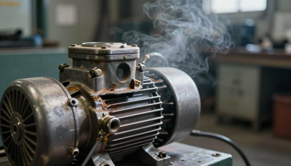 A detailed close-up view of a vacuum pump, highlighting signs of overheating such as discoloration and slight deformation. The foreground features the pump with intricate textures, showing metal components and tubing connected to it. In the middle ground, add faint smoke or heat haze, emphasizing the excessive heat issue. The background should be a blurred industrial setting, depicting a workshop with machinery and tools, subtly enhancing the narrative of risk. Use dramatic lighting from above to cast shadows, creating a tense atmosphere that reflects the dangers associated with overheating. The composition should convey urgency and caution, focusing on the intricacies of the pump without any text or distractions. A detailed close-up view of a vacuum pump, highlighting signs of overheating such as discoloration and slight deformation. The foreground features the pump with intricate textures, showing metal components and tubing connected to it. In the middle ground, add faint smoke or heat haze, emphasizing the excessive heat issue. The background should be a blurred industrial setting, depicting a workshop with machinery and tools, subtly enhancing the narrative of risk. Use dramatic lighting from above to cast shadows, creating a tense atmosphere that reflects the dangers associated with overheating. The composition should convey urgency and caution, focusing on the intricacies of the pump without any text or distractions.