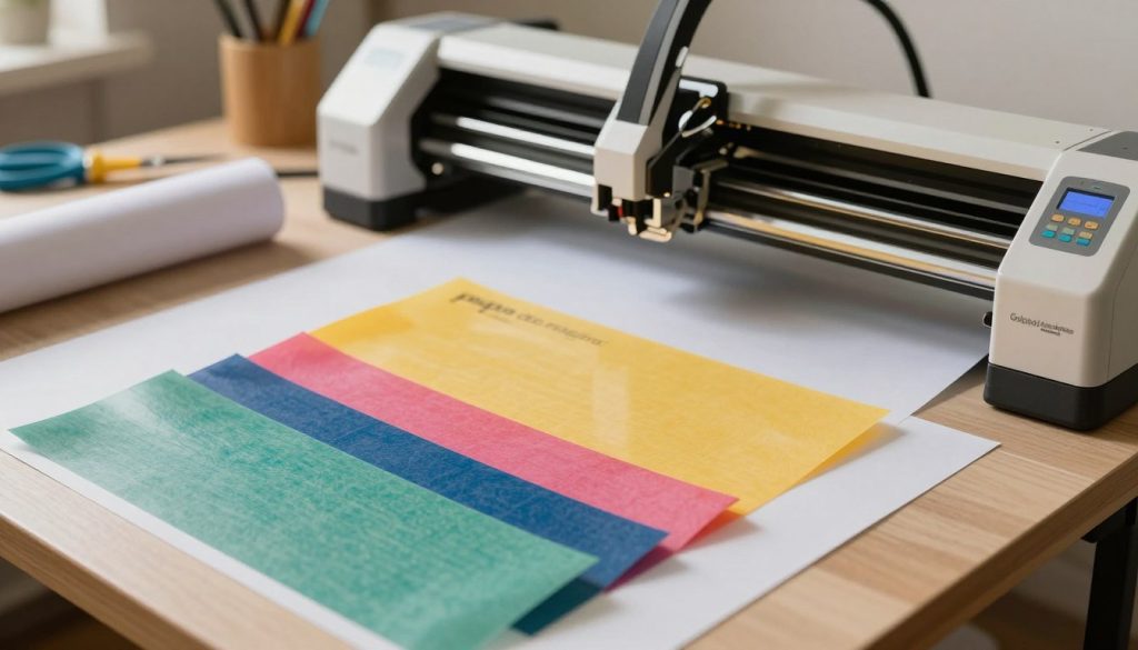 A detailed, close-up view of "papel transfer" sheets spread out on a cutting plotter workstation. The foreground features vibrant sheets of transfer paper in various colors and textures, with some partially rolled and others neatly stacked. The middle section reveals the cutting plotter machine, showcasing its precision cutting blades and digital controls in an organized workstation. The background includes softly blurred tools like scissors and weeding tools, enhancing the craft environment. Warm, natural lighting illuminates the scene, casting gentle shadows that create depth. The atmosphere is creative and productive, suggesting a space where materials come to life. The brand name "Galpão das máquinas" is subtly incorporated in a stylish, unobtrusive manner, adding a professional touch to the overall composition.