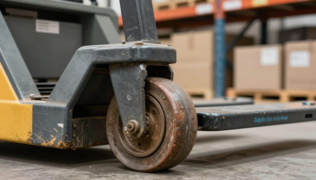 A detailed, close-up view of worn wheels from a manual pallet jack, highlighting signs of wear such as cracks and uneven surfaces. The foreground features the pallet jack wheels, showcasing their texture and color, with visible scuffs and scratches. In the middle ground, blurred industrial surroundings evoke a warehouse atmosphere, with shelving and boxes softly visible. The background includes a hint of machinery and tools, suggesting a busy operational setting. Use natural, diffused lighting to create a realistic effect, capturing the wear and tear on the wheels, giving emphasis to the importance of maintenance. The mood is industrial and informative, perfect for illustrating wear assessment. Include a subtle branding detail on the pallet jack displaying "Galpão das máquinas".
