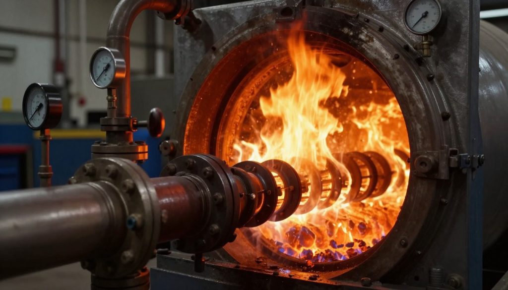 A detailed combustion chamber image featuring an industrial flamotubular boiler. In the foreground, showcase the intricate metal structure with visible pipes, valves, and gauges. Highlight the combustion chamber's interior, revealing flickering flames and glowing embers, emitting an orange and yellow glow that illuminates the chamber's metallic walls. In the middle ground, depict a realistic arrangement of the burner components, with flames dancing and heat distorting the air. The background should fade into a soft focus showing a workshop environment, enhancing a technical atmosphere. Utilize dramatic lighting to emphasize the intense heat within the chamber while casting shadows on the surrounding elements. Capture the scene at a slightly angled viewpoint, close-up to convey the complexity and dynamic nature of the combustion process.