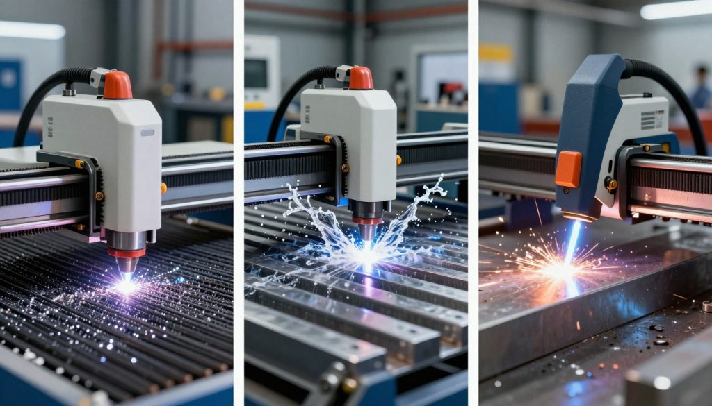 A detailed comparative illustration of industrial cutting methods, featuring three separate panels. In the foreground, depict a laser fiber cutting machine, showcasing its precision and sleek design against a background of sparkling, cut metal pieces. In the middle, include a water jet cutter, with vivid splashes of water and metal being precisely sliced, demonstrating its versatility. In the third panel, illustrate a plasma cutter, with bright arcs of plasma cutting through thick metal, embodying power and efficiency. The lighting should highlight these machines dramatically, creating a high-tech, industrial atmosphere. The background should be a blurred workshop environment, emphasizing the machinery, with a slight depth of field effect to draw focus to the cutting methods. Aim for a clean, professional appearance.