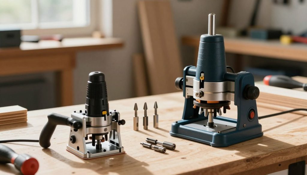 A detailed comparison image of a manual router and a bench router placed side by side on a well-lit workshop table. In the foreground, the manual router should showcase its compact size with an ergonomic handle, while the bench router stands prominently, highlighting its larger build and sturdy base. The middle section should include various router bits and accessories organized neatly nearby, emphasizing their features and differences. In the background, blurred workshop tools and woodstock convey a professional carpentry atmosphere, with natural light streaming through a window, casting soft shadows and creating a warm, inviting ambiance. The scene is meticulously arranged to clearly illustrate the distinct characteristics of each router type, inviting the viewer to explore their unique functionalities. A detailed comparison image of a manual router and a bench router placed side by side on a well-lit workshop table. In the foreground, the manual router should showcase its compact size with an ergonomic handle, while the bench router stands prominently, highlighting its larger build and sturdy base. The middle section should include various router bits and accessories organized neatly nearby, emphasizing their features and differences. In the background, blurred workshop tools and woodstock convey a professional carpentry atmosphere, with natural light streaming through a window, casting soft shadows and creating a warm, inviting ambiance. The scene is meticulously arranged to clearly illustrate the distinct characteristics of each router type, inviting the viewer to explore their unique functionalities.