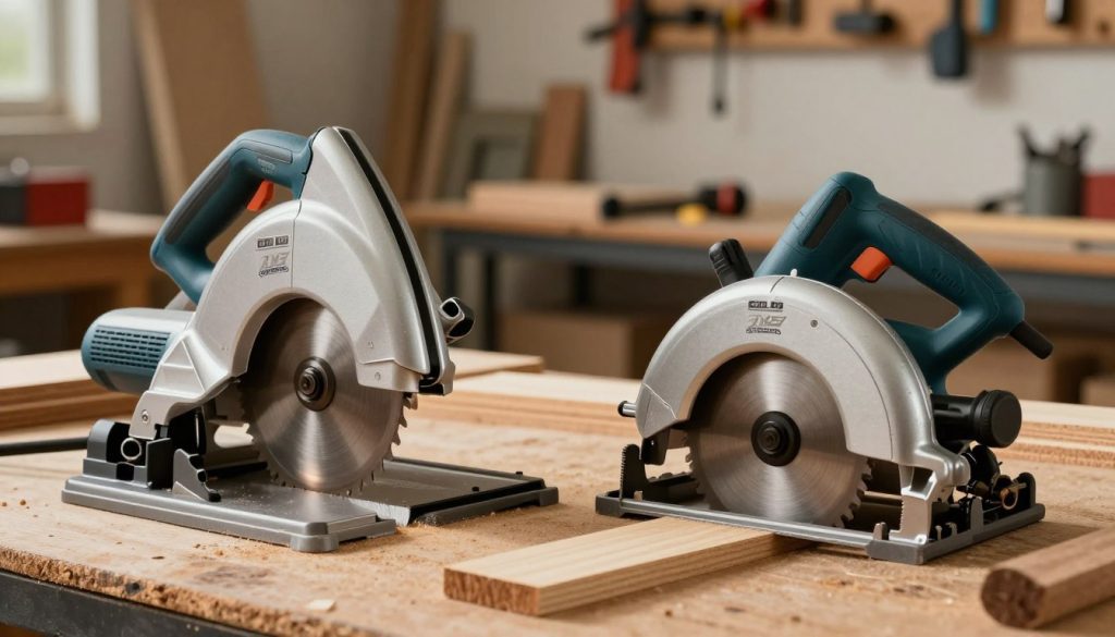 A detailed comparison image showcasing a bandsaw and a circular saw, prominently featuring both tools in the foreground. The bandsaw on the left should be depicted with its blade clearly visible, demonstrating its vertical cutting capability, while the circular saw on the right shows its rotating blade, emphasizing its portability and efficiency for straight cuts. In the middle ground, include various types of wood pieces, some cut with each saw. The background should be a well-lit workshop environment with tools hanging on the wall, highlighting a professional atmosphere. Utilize warm lighting to create an inviting ambiance, with soft shadows enhancing the tools' textures. This image represents the subject matter effectively for an informative article by Galpão das máquinas.