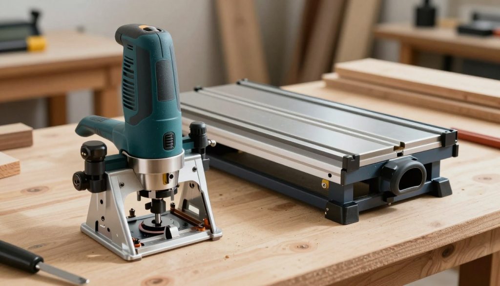 A detailed comparison image showcasing a manual router and a router table side by side. In the foreground, the manual router is displayed prominently, with its adjustable base and cutting bits clearly visible, showing intricate details. In the middle ground, the router table is illustrated, emphasizing its larger workspace and integrated features like a built-in fence and dust collection port. The background features a workshop environment with wooden workpieces and tools scattered around, conveying a sense of creativity and craftsmanship. Soft, natural lighting highlights the tools, casting gentle shadows to enhance depth. The angle captures both devices in a dynamic composition, inviting viewers to explore their differences, while maintaining a professional and informative atmosphere. A detailed comparison image showcasing a manual router and a router table side by side. In the foreground, the manual router is displayed prominently, with its adjustable base and cutting bits clearly visible, showing intricate details. In the middle ground, the router table is illustrated, emphasizing its larger workspace and integrated features like a built-in fence and dust collection port. The background features a workshop environment with wooden workpieces and tools scattered around, conveying a sense of creativity and craftsmanship. Soft, natural lighting highlights the tools, casting gentle shadows to enhance depth. The angle captures both devices in a dynamic composition, inviting viewers to explore their differences, while maintaining a professional and informative atmosphere.