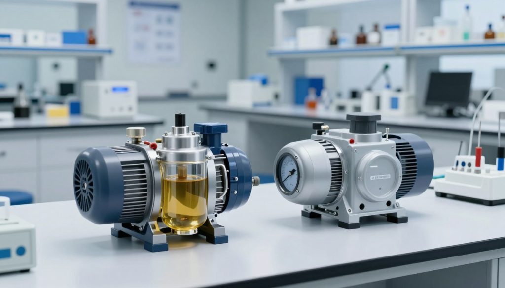 A detailed comparison of a lubricated vacuum pump and a dry vacuum pump, placed on a clean, modern laboratory workbench. In the foreground, the lubricated vacuum pump, featuring visible oil reservoirs and gauges, contrasts with the sleek, minimalist design of the dry vacuum pump. Both are positioned side by side, showcasing their different shapes and mechanisms. The middle ground includes various laboratory equipment and tools, subtly blurred to direct focus to the pumps. The background features laboratory shelves filled with equipment and scientific posters, with soft, diffused lighting creating a professional yet engaging atmosphere. The scene is captured from a slightly elevated angle, providing a clear view of both pumps and their functionality, emphasizing a sense of technical innovation and precision.