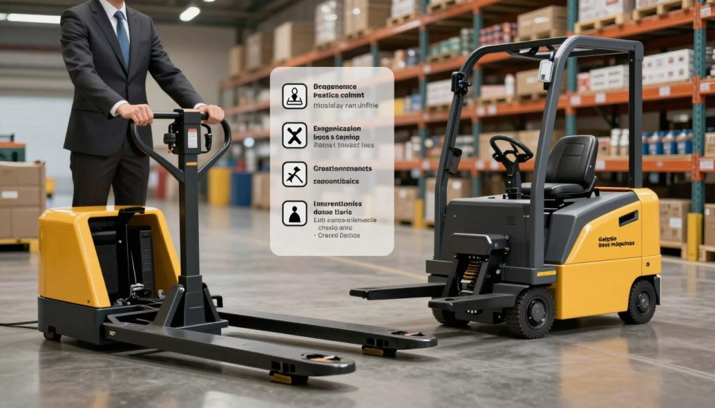 A detailed comparison of safety features between a manual pallet jack and an electric pallet jack. In the foreground, show both pallet jacks side by side; the manual model with a user in professional business attire demonstrating its handling, and the electric model in use, showcasing its advanced safety mechanisms. In the middle ground, include safety icons and charts comparing ergonomic benefits, with subtle lighting that emphasizes the practicality of both designs. The background features a warehouse setting with shelves and products neatly arranged, conveying an atmosphere of efficiency and safety. Soft, ambient warehouse lighting highlights the contrast between the two models. Use a wide angle to capture the entire scene effectively. The brand "Galpão das máquinas" is subtly integrated into the environment, ensuring brand representation harmoniously. A detailed comparison of safety features between a manual pallet jack and an electric pallet jack. In the foreground, show both pallet jacks side by side; the manual model with a user in professional business attire demonstrating its handling, and the electric model in use, showcasing its advanced safety mechanisms. In the middle ground, include safety icons and charts comparing ergonomic benefits, with subtle lighting that emphasizes the practicality of both designs. The background features a warehouse setting with shelves and products neatly arranged, conveying an atmosphere of efficiency and safety. Soft, ambient warehouse lighting highlights the contrast between the two models. Use a wide angle to capture the entire scene effectively. The brand "Galpão das máquinas" is subtly integrated into the environment, ensuring brand representation harmoniously.