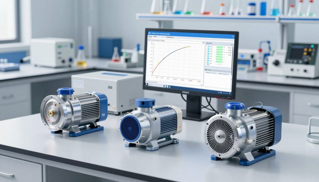 A detailed comparison of various vacuum pumps displayed on a sleek, modern laboratory bench. In the foreground, there are three distinct models of vacuum pumps, each labeled with subtle identifiers, showcasing their design—one rotary vane pump, one diaphragm pump, and one rotary piston pump. The middle ground features a set of performance graphs and specifications displayed on a digital screen, illustrating their efficiency curves. In the background, the lab is well-lit with bright, clean lighting that highlights a high-tech environment, featuring shelves with scientific equipment and tools. The atmosphere is professional and analytical, conveying a sense of innovation and technical expertise. The scene is captured from a slight high angle, allowing for a comprehensive view of all elements. A detailed comparison of various vacuum pumps displayed on a sleek, modern laboratory bench. In the foreground, there are three distinct models of vacuum pumps, each labeled with subtle identifiers, showcasing their design—one rotary vane pump, one diaphragm pump, and one rotary piston pump. The middle ground features a set of performance graphs and specifications displayed on a digital screen, illustrating their efficiency curves. In the background, the lab is well-lit with bright, clean lighting that highlights a high-tech environment, featuring shelves with scientific equipment and tools. The atmosphere is professional and analytical, conveying a sense of innovation and technical expertise. The scene is captured from a slight high angle, allowing for a comprehensive view of all elements.