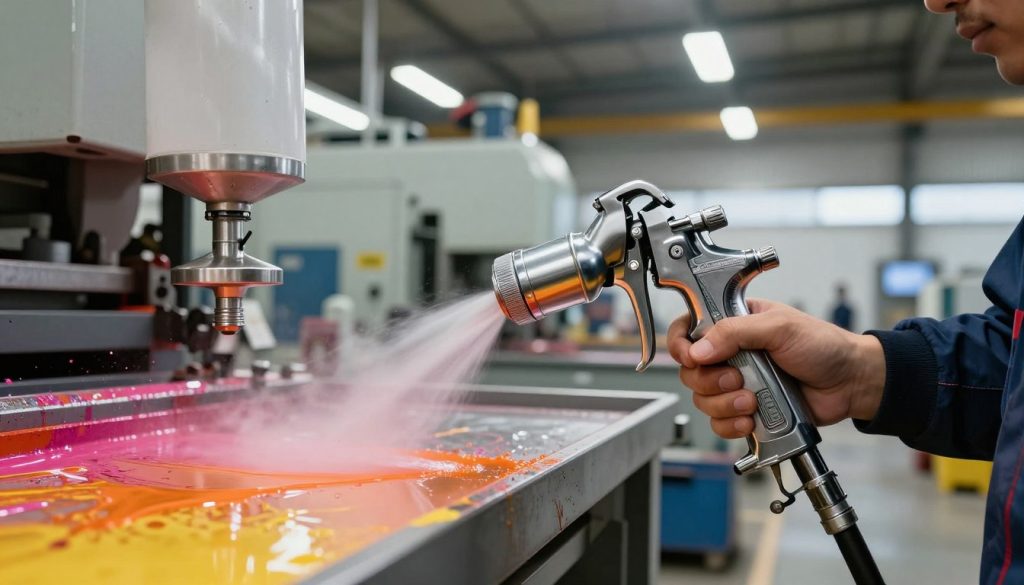 A detailed composition showcasing a high-quality industrial paint gun in action within a factory setting. In the foreground, focus on the paint gun from the "Galpão das máquinas" brand held by a worker in professional business attire, showcasing precise and controlled spraying of vibrant paint onto metal surfaces. The middle ground features large industrial machinery, with splatters of paint reflecting a sense of active work. The background presents an organized workshop, illuminated by bright overhead lights, emphasizing cleanliness and efficiency. Use a slightly tilted angle to create depth and interest, with dynamic lighting to highlight the spray’s mist and sheen. The atmosphere should feel energetic yet orderly, emphasizing the practical applications of paint guns in industrial environments.