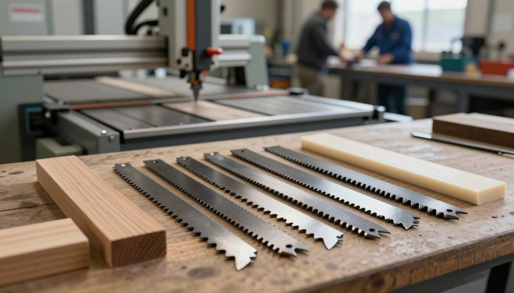 A detailed composition showcasing various specialized bandsaw blades used across different industrial applications. In the foreground, prominently display an array of bandsaw blades, each uniquely designed for specific materials: wood, metal, and plastic, emphasizing their different tooth configurations and widths. The middle ground features an industrial workshop setting with a bandsaw machine in action, cutting through various materials, showcasing the blades' capabilities. In the background, blurred silhouettes of workers in professional attire engaged in different manufacturing processes, adding to the industrial atmosphere. Illuminate the scene with soft, natural lighting to create a focused yet warm ambiance, with a slight depth of field to emphasize the blades in the foreground while maintaining a clear view of the workshop environment.