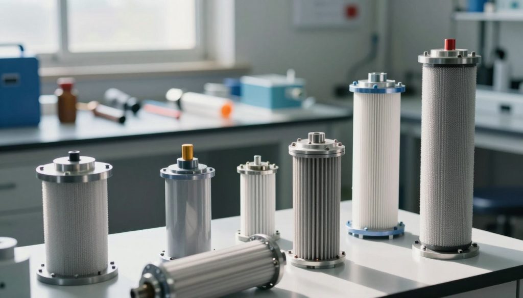 A detailed composition showcasing various types of vacuum filters used in industrial settings. In the foreground, feature multiple vacuum filters of different designs, including cylindrical and cartridge types, intricately detailing their textured surfaces and connections. The middle layer displays a well-organized workbench with tools and components related to vacuum systems, against a backdrop of a laboratory environment with subtle hints of machinery and pipes. Natural daylight streams in from a large window, creating a bright and professional atmosphere with soft shadows. The lens focuses on highlighting the filters, providing a close-up view that emphasizes their functionality, while maintaining a clear depth of field. The overall mood reflects a sense of technical precision and innovation in vacuum technology.