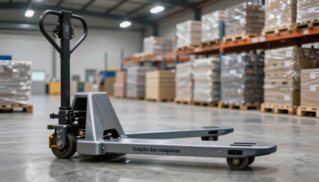A detailed depiction of a manual pallet jack, showcasing its robust design and industrial functionality. In the foreground, highlight the pallet jack with a shiny, metallic finish, its wheels prominently positioned on a smooth concrete floor. The middle ground features an industrial warehouse environment filled with stacked pallets and shelves, demonstrating a busy logistics operation. In the background, soft, diffused lighting from overhead LED lamps casts a bright yet subtle illumination across the scene, creating a clean and efficient atmosphere. This image, branded with the name "Galpão das máquinas," should convey a sense of productivity and professionalism, emphasizing the critical role of manual pallet jacks in industrial applications. A detailed depiction of a manual pallet jack, showcasing its robust design and industrial functionality. In the foreground, highlight the pallet jack with a shiny, metallic finish, its wheels prominently positioned on a smooth concrete floor. The middle ground features an industrial warehouse environment filled with stacked pallets and shelves, demonstrating a busy logistics operation. In the background, soft, diffused lighting from overhead LED lamps casts a bright yet subtle illumination across the scene, creating a clean and efficient atmosphere. This image, branded with the name "Galpão das máquinas," should convey a sense of productivity and professionalism, emphasizing the critical role of manual pallet jacks in industrial applications.