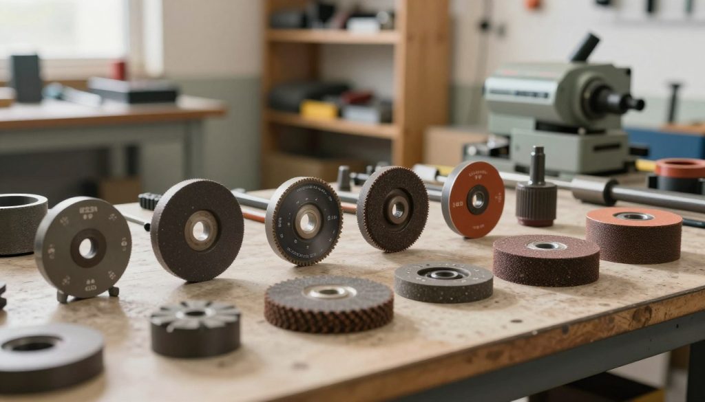 A detailed depiction of grinding wheels (rebolos) arranged on a workbench in a bright, well-lit workshop. In the foreground, focus on a variety of grinding wheels with different diameters, textures, and colors, showcasing their specifications such as grit size and material composition. In the middle ground, include tools and machine parts, emphasizing a professional atmosphere. The background should feature shelves with additional tools and industrial equipment, enhancing the context. Use natural lighting to create a warm and inviting mood, with soft shadows to add depth. The lens should capture the image at a slightly elevated angle, providing a clear view of the rebolos. Branding visible in the workshop design should mention "Galpão das máquinas." The overall atmosphere should convey craftsmanship and technical expertise.