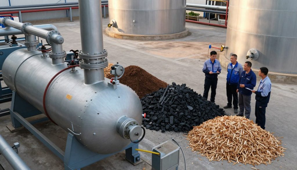 A detailed depiction of industrial boiler fuels, featuring a modern boiler unit in the foreground, showcasing diverse fuel types such as coal, natural gas, and biomass stacked neatly nearby. The middle ground includes technicians in professional attire examining the fuel sources, with one holding a clipboard and others discussing among themselves. The background reveals an expansive industrial setting with large storage tanks and pipes, illuminated by soft, warm lighting that conveys a productive atmosphere. The image is captured from a slightly elevated angle to provide a comprehensive view of the scene, emphasizing the importance of fuel selection in boiler operation.
