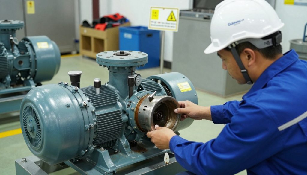 A detailed depiction of operational risks associated with centrifugal pumps, showcasing a well-lit industrial setting. In the foreground, a professional engineer in a hard hat examines a pump, highlighting possible points of failure such as leaks and mechanical wear. The middle ground features a centrifugal pump with clear components, emphasizing safety features like guards and warning signs. In the background, an industrial environment with machinery and safety protocols visible, including proper storing of tools and equipment. The lighting is bright and focused, creating a sense of clarity and attention to safety. The scene should convey a mood of diligence and professionalism, with the logo "Galpão das máquinas" subtly integrated into the environment without overshadowing the main focus.