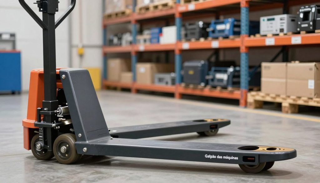A detailed depiction of the main components of a manual pallet jack, set against a clean, industrial backdrop. In the foreground, highlight the pallet jack's forks, wheels, and pump handle, showcasing intricate details like the lifting mechanism and hydraulic seals. The middle layer features a close-up view of the wheel assembly and the fork design, emphasizing their robust construction. In the background, include blurred shelves filled with various types of equipment and pallets to create a realistic warehouse environment. Soft, natural lighting enhances the textures and metallic surfaces, while the angle captures a dynamic perspective. Emphasize a professional and informative atmosphere suitable for a technical article. Include the brand name "Galpão das máquinas" prominently displayed on the pallet jack.