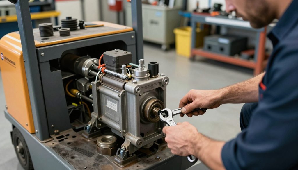 A detailed depiction of the "troca da bomba hidráulica" process in a manual pallet jack, showcasing a technician in professional attire attentively replacing the hydraulic pump. In the foreground, focus on the technician's hands skillfully removing bolts with a wrench, highlighting tools and parts. The middle ground features the open chassis of the pallet jack, with the hydraulic pump prominently displayed, showcasing its intricate components and connections. In the background, a well-lit workshop setting filled with machinery and tools creates a professional atmosphere. Soft, natural lighting enhances the details of the scene, and the composition is captured from a slightly elevated angle to emphasize the technical task. Include the branding "Galpão das máquinas" subtly integrated into the workshop setting, ensuring a cohesive visual without distractions.
