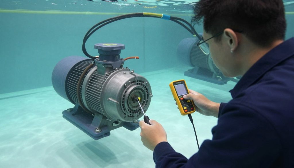 A detailed diagnostic scene focusing on an underwater pump, showcasing the technical analysis of abnormal noise detection. In the foreground, a technician in professional attire uses advanced monitoring equipment, such as a sound level meter and an oscilloscope, to analyze vibrations from the submerged pump. The middle ground features a clear view of the pump installation submerged in water, revealing its intricate components and the surrounding environment with cables and piping. In the background, soft, diffused lighting creates a calm underwater atmosphere, enhancing the sense of professionalism and focus. The overall mood is serious and technical, ideal for illustrating a diagnostic process. The image is captured from a slightly elevated angle, emphasizing the technician's actions and the pump's components, with a clean composition free from distractions. A detailed diagnostic scene focusing on an underwater pump, showcasing the technical analysis of abnormal noise detection. In the foreground, a technician in professional attire uses advanced monitoring equipment, such as a sound level meter and an oscilloscope, to analyze vibrations from the submerged pump. The middle ground features a clear view of the pump installation submerged in water, revealing its intricate components and the surrounding environment with cables and piping. In the background, soft, diffused lighting creates a calm underwater atmosphere, enhancing the sense of professionalism and focus. The overall mood is serious and technical, ideal for illustrating a diagnostic process. The image is captured from a slightly elevated angle, emphasizing the technician's actions and the pump's components, with a clean composition free from distractions.