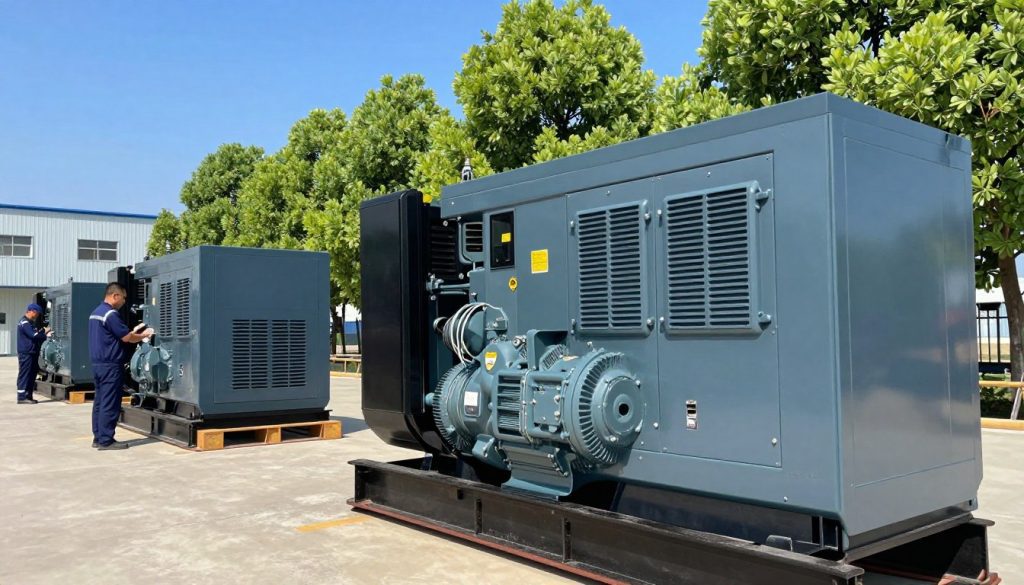 A detailed diesel generator in an industrial setting, prominently featured in the foreground, showcasing its robust design and metal casing with ventilation grills. In the middle, a power generation facility operates efficiently, with several additional generators and technicians in professional work attire handling equipment, emphasizing collaboration and safety. The background displays a clear blue sky contrasted by vibrant green trees, symbolizing the generator's application in powering various sectors like construction, agriculture, and emergency services. Use bright, natural lighting to highlight the metallic surfaces and create an industrial atmosphere. The angle should be slightly elevated, providing a comprehensive view of the scene while maintaining focus on the generator itself, evoking a sense of reliability and power generation efficiency.