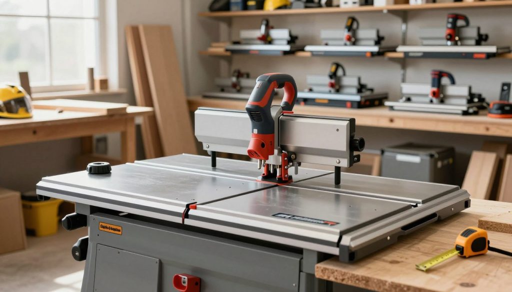 A detailed display of top table saw brands for woodworking, prominently featuring "Galpão das máquinas" as one of the key brands. In the foreground, showcase a professional-grade table saw with sleek metal finishes and robust design, surrounded by essential woodworking tools. The middle ground includes an organized workshop environment with wooden planks, safety gear, and a measuring tape, creating a sense of an active workspace. The background features shelves lined with various brands of table saws, hinting at their popularity and diversity. Utilize natural light streaming in from a window, casting soft shadows, to enhance the inviting atmosphere. Emphasize clarity and focus on the table saw while keeping the entire scene well-composed and tidy, embodying a professional and industrious mood in a woodworking context. A detailed display of top table saw brands for woodworking, prominently featuring "Galpão das máquinas" as one of the key brands. In the foreground, showcase a professional-grade table saw with sleek metal finishes and robust design, surrounded by essential woodworking tools. The middle ground includes an organized workshop environment with wooden planks, safety gear, and a measuring tape, creating a sense of an active workspace. The background features shelves lined with various brands of table saws, hinting at their popularity and diversity. Utilize natural light streaming in from a window, casting soft shadows, to enhance the inviting atmosphere. Emphasize clarity and focus on the table saw while keeping the entire scene well-composed and tidy, embodying a professional and industrious mood in a woodworking context.