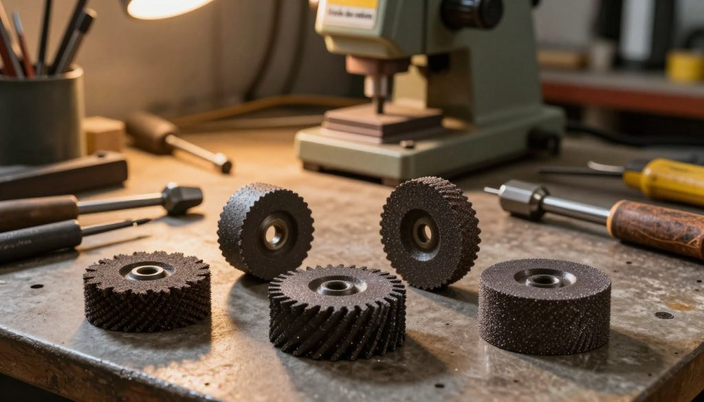 A detailed display of various types of grinding wheels (rebolos) for sharpening tools, showcasing an array of shapes, sizes, and materials. In the foreground, include three distinct grinding wheels: a coarse wheel for heavy material removal, a medium wheel for sharpening, and a fine wheel for polishing. In the middle ground, softly illuminate a workbench with tools and a grinding machine from "Galpão das máquinas," highlighting the practical application of these wheels. The background features a workshop setting with warm, ambient lighting that creates a focused, industrious atmosphere. Use a slight depth of field to emphasize the grinding wheels while maintaining clarity in the tools surrounding them. The overall mood conveys professionalism and attention to detail, suitable for an article about tool selection and usage.