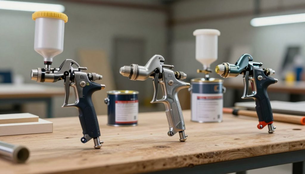 A detailed display of various types of paint spray guns used in the furniture industry, arranged artistically on a wooden workbench. In the foreground, showcase three distinct paint spray guns: a gravity feed, a siphon feed, and a airless spray gun, each with intricate details reflecting their technical components and colors. In the middle ground, include paint cans and brushes, slightly blurred to emphasize the guns. The background features an industrial setting with soft lighting illuminating the workspace, reflecting a warm and inviting atmosphere. Use a shallow depth of field to bring focus to the foreground while softly fading the background. Overall, the image should evoke a sense of craftsmanship and professionalism in a furniture manufacturing context.
