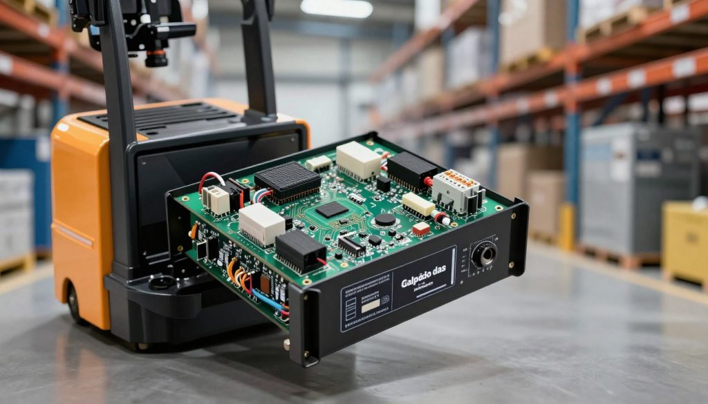 A detailed electronic controller for an electric pallet jack, showcasing its intricate components such as circuit boards, wiring, and connectors. The device is prominently displayed in the foreground, highlighting its robust structure and technical specifications. The background features a soft-focus industrial setting with shelves and machinery, conveying a sense of a busy warehouse environment. The lighting is bright and focused, emphasizing the electronic components and creating a high-tech atmosphere. Use a shallow depth of field to draw the viewer’s attention to the controller while maintaining a clean and professional appearance. Ensure the brand "Galpão das máquinas" is subtly integrated into the design of the controller, reflecting quality and innovation in warehouse technology.