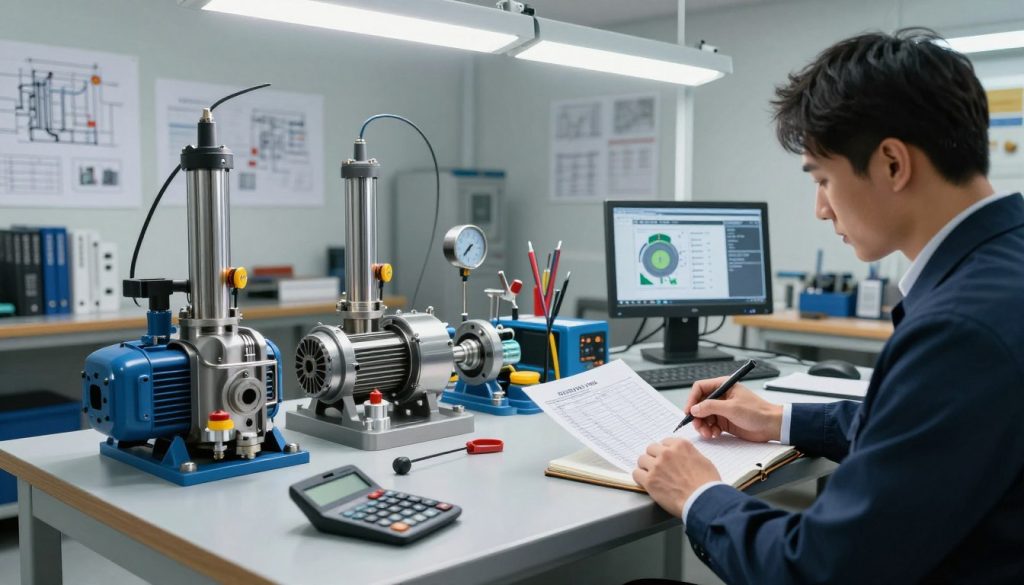 A detailed engineering workspace featuring a hydraulic pump setup on a large, sturdy workbench. In the foreground, a professional engineer in business attire examines a flow calculation chart and calculates pump power using a calculator and notepad, showcasing a focus on precision. The middle layer includes intricate machinery parts, measuring tools, and a digital display showing technical data about pump performance. In the background, bright overhead LED lighting illuminates the clean, organized space filled with hydraulic schematics and reference books, conveying a sense of professionalism and technical expertise. The atmosphere is focused and industrious, ideal for technical analysis and calculations. A detailed engineering workspace featuring a hydraulic pump setup on a large, sturdy workbench. In the foreground, a professional engineer in business attire examines a flow calculation chart and calculates pump power using a calculator and notepad, showcasing a focus on precision. The middle layer includes intricate machinery parts, measuring tools, and a digital display showing technical data about pump performance. In the background, bright overhead LED lighting illuminates the clean, organized space filled with hydraulic schematics and reference books, conveying a sense of professionalism and technical expertise. The atmosphere is focused and industrious, ideal for technical analysis and calculations.