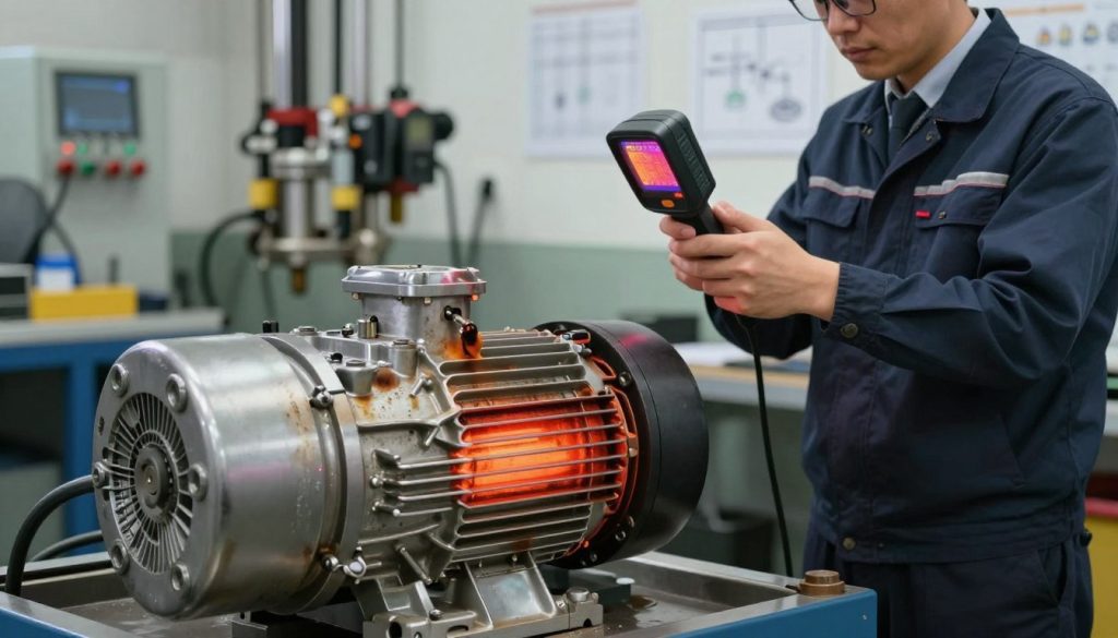A detailed exploration of a hydraulic pump overheated in an industrial setting. In the foreground, a close-up view of a hydraulic pump with visible signs of excessive heat stress, such as discoloration and minor burns. In the middle ground, a worker in professional business attire is examining the pump, using a thermal imaging camera to accurately assess its temperature. The background features an organized workshop with hydraulic equipment, tools, and schematics pinned to the wall, subtly illustrating a technical environment. Bright, focused lighting highlights the pump and the worker, with a slight depth of field to draw attention to the main subjects. The overall mood conveys urgency and professionalism, emphasizing the importance of addressing overheating issues in hydraulic systems.