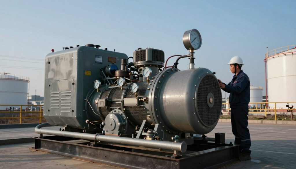 A detailed fossil fuel generator, prominently placed in the foreground, showcasing its robust metal structure with pipes and gauges. The generator is surrounded by a well-lit industrial environment, with subtle shadows emphasizing its size and complexity. In the middle ground, a technician in professional attire inspects the machinery, highlighting the operational aspects of the generator. The background features a blend of industrial structures, such as fuel storage tanks and power lines, against a clear blue sky, creating a sense of scale and context. Soft diffused lighting illuminates the scene, creating a serious and industrious atmosphere. The angle captures the generator head-on, showcasing its functional details while giving a sense of motion and energy inherent in fossil fuel generation.