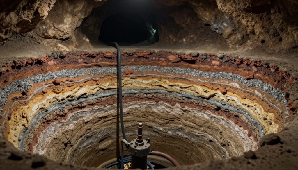 A detailed geological cross-section of a water well showcasing distinct geological features such as layers of clay, sand, and gravel. In the foreground, include a realistic representation of a submersible pump at the bottom, with pipes extending upwards. The middle section displays clearly defined strata, highlighting differences in color and texture, illustrating the composition of the surrounding earth. The background should feature a dark, cavernous well shaft with dim, ambient lighting to create an atmosphere of depth and mystery. Soft shadows and highlights enhance the geological textures, providing a three-dimensional feel, shot from a slightly angled perspective to allow for a comprehensive view of the well's features.