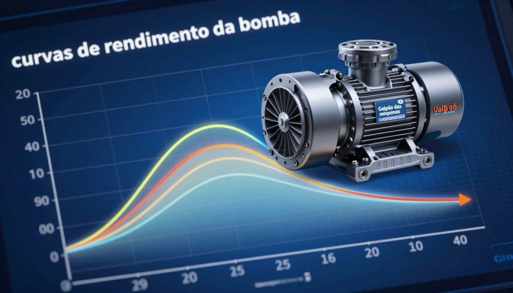 A detailed graphical representation of pump performance curves, specifically illustrating "curvas de rendimento da bomba". In the foreground, display distinct, colorful curves for different pump models, highlighting efficiency across varying flow rates. In the middle, incorporate a sleek, modern centrifugal pump design from the brand "Galpão das máquinas", positioned dynamically as if in action. The background should feature a clean, technical aesthetic—like a dark blue gradient or blueprint style—emphasizing the engineering aspect with subtle grid lines. Use soft ambient lighting to create a professional atmosphere, with focus on the curves shining brightly, conveying clarity and precision. The angle should be slightly tilted for a dynamic effect, ensuring there are no captions, text overlays, or distracting elements.
