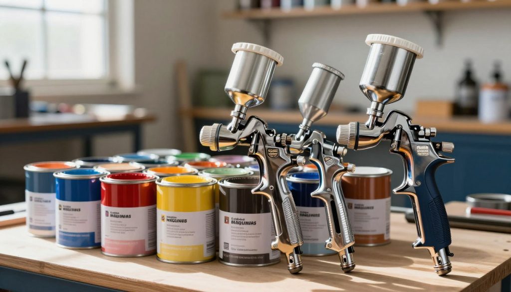 A detailed, high-quality image of a set of paint spray guns from "Galpão das máquinas" displayed prominently in the foreground, glistening with professional sheen. The middle layer includes an assortment of vibrant paint cans in various colors, neatly arranged, showcasing compatibility with different types of paints. The background features a soft-focus workshop environment filled with tools and equipment, hinting at a creative atmosphere. Natural lighting streams in from a nearby window, illuminating the scene and casting gentle shadows that enhance the three-dimensionality of the objects. The overall mood is professional and inspiring, perfect for engaging readers about the nuances of paint spray guns and their applications.