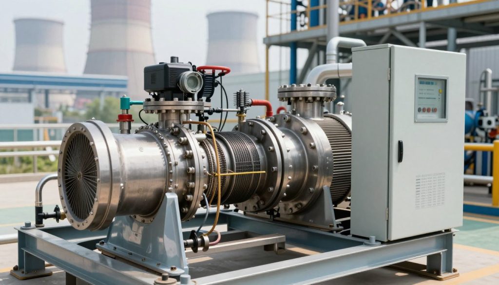 A detailed, high-resolution image of gas energy generator components in an industrial setting. In the foreground, showcase intricate components such as a gas turbine, compressor, and control panel, each displaying their mechanical details and textures. In the middle ground, a robust steel frame supports the equipment, with pipes and wiring connecting various parts. The background features a blurred view of an industrial plant, with machinery and energy generation units fading into a soft focus. Bright, natural lighting floods the scene, highlighting the metallic surfaces and creating reflections. The angle should be slightly elevated, providing a comprehensive view of the components and their arrangement, conveying a sense of advanced technology and innovation in energy production. A detailed, high-resolution image of gas energy generator components in an industrial setting. In the foreground, showcase intricate components such as a gas turbine, compressor, and control panel, each displaying their mechanical details and textures. In the middle ground, a robust steel frame supports the equipment, with pipes and wiring connecting various parts. The background features a blurred view of an industrial plant, with machinery and energy generation units fading into a soft focus. Bright, natural lighting floods the scene, highlighting the metallic surfaces and creating reflections. The angle should be slightly elevated, providing a comprehensive view of the components and their arrangement, conveying a sense of advanced technology and innovation in energy production.
