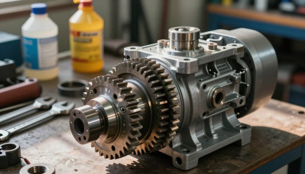 A detailed hydraulic gear pump in a workshop setting, showcasing its intricate components and mechanisms. In the foreground, the pump features clearly defined gears and housing with reflections of metallic surfaces. The middle ground includes tools like wrenches and hydraulic fluid canisters, enhancing the industrial atmosphere. The background is softly blurred to focus on the pump, with warm, natural lighting casting gentle shadows, suggesting a functional workspace. The image captures a sense of precision engineering and reliability, ideal for illustrating the principles of operation of a hydraulic gear pump. The angle is slightly elevated, as if viewed from a technician's perspective, inviting the viewer into the scene of mechanical innovation.