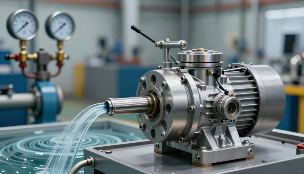 A detailed hydraulic pump, showcasing its intricate mechanisms and components, positioned prominently in the foreground. The pump is made of shiny metal with various pipes and levers, emphasizing its robust engineering. In the middle ground, subtle illustrations of flowing hydraulic fluid and pressure gauges complement the pump, illustrating how it operates. The background features a blurred industrial setting, enhancing the focus on the pump itself, with soft lighting highlighting its metallic surfaces and casting gentle shadows to create depth. The entire atmosphere conveys a sense of technical precision and fluid dynamics, inviting the viewer to explore the essentials of hydraulic mechanics without any text or distractions.