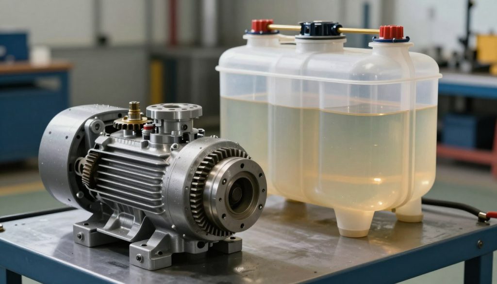 A detailed hydraulic system illustration featuring a prominently displayed hydraulic pump and a connected reservoir. In the foreground, the pump showcases intricate components like gears and valves, emphasizing a working mechanism. The middle ground features the reservoir, highlighted by its transparent sections revealing fluid levels, with reflections glimmering under soft, natural lighting. In the background, a blurred industrial setting provides context, suggesting a mechanical workshop. The scene is captured from a slight diagonal angle, enhancing depth and perspective. The overall atmosphere conveys a sense of precision and reliability, with a focus on clarity and technical detail, creating a professional and informative visual representation of the relationship between the hydraulic pump and the reservoir in operation.