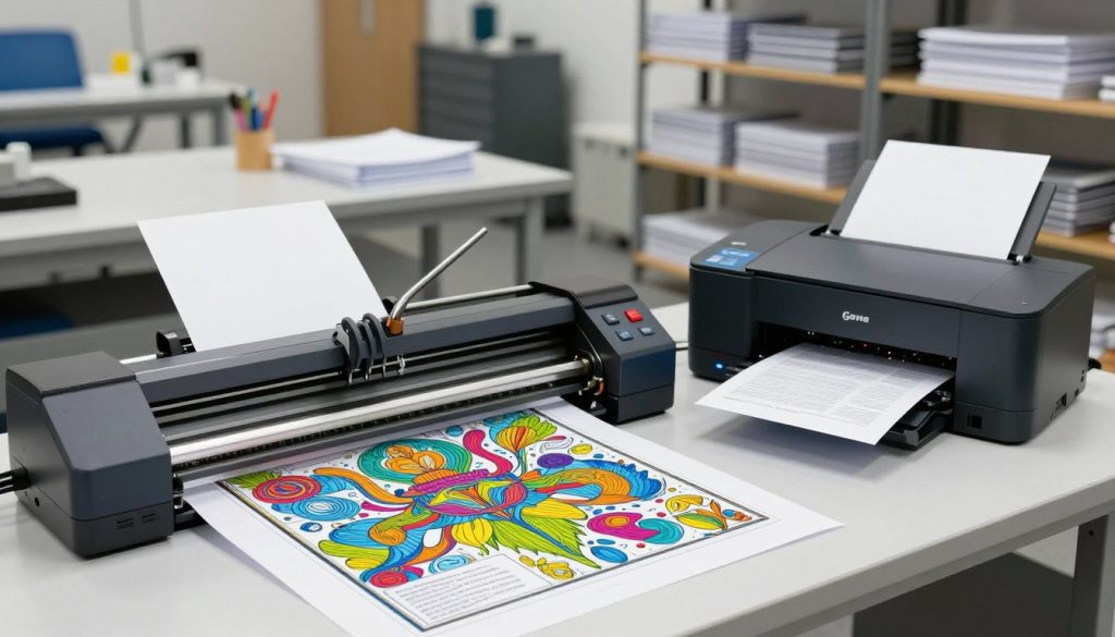 A detailed illustration comparing a plotter and a printer in a production environment. In the foreground, showcase a high-tech plotter with vibrant colors and intricate line work on a large sheet, demonstrating its capabilities in producing graphics. Accompany it with a compact, traditional printer printing a standard document. In the middle ground, display an office or workshop setting, equipped with tools and materials relevant to production. The background features shelves with printed materials, emphasizing the contrast in output types. Utilize bright, focused lighting to highlight the plotter's efficiency and the printer's limitations, creating a professional atmosphere. The overall mood should be informative and analytical, reflecting the theme of production challenges. Include the brand name "Galpão das máquinas" subtly in the scene.
