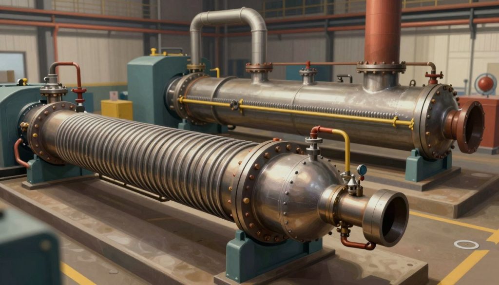 A detailed illustration depicting a flamotubular boiler in the foreground, showcasing its intricate piping system wrapped around a central fire tube. The middle ground features an aquatubular boiler, emphasizing its water-tube design, with visible water circulation and heat exchange elements. In the background, a factory setting with smokestacks and machinery creates an industrial atmosphere, illuminated by soft, warm lighting to highlight the boilers. The scene has a technical, educational vibe, capturing the complexity and functionality of each boiler type. An angled perspective allows for a clear view of the front and side profiles of both boilers, enhancing the visual comparison. The overall mood is informative and professional, ideal for educational content. A detailed illustration depicting a flamotubular boiler in the foreground, showcasing its intricate piping system wrapped around a central fire tube. The middle ground features an aquatubular boiler, emphasizing its water-tube design, with visible water circulation and heat exchange elements. In the background, a factory setting with smokestacks and machinery creates an industrial atmosphere, illuminated by soft, warm lighting to highlight the boilers. The scene has a technical, educational vibe, capturing the complexity and functionality of each boiler type. An angled perspective allows for a clear view of the front and side profiles of both boilers, enhancing the visual comparison. The overall mood is informative and professional, ideal for educational content.
