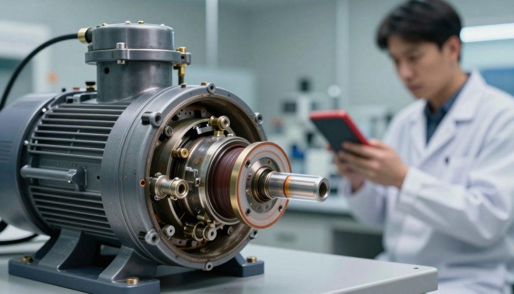 A detailed illustration depicting abnormal noise in a vacuum pump. In the foreground, focus on a vacuum pump with clearly visible internal components, showcasing wear and tear from operational stress. Use a close-up angle to highlight mechanical parts, such as valves and gaskets, subtly vibrating to suggest noise. In the middle ground, a technician in professional attire inspects the pump, holding a diagnostic tool, conveying a sense of urgency and concern. The background features a laboratory or workshop setting, with ambient lighting illuminating the scene, creating a sterile but slightly tense atmosphere. Soft shadows and highlights emphasize the textures of metal and rubber parts, enhancing the technical feel of the image while maintaining clarity and focus on the vacuum pump's features.