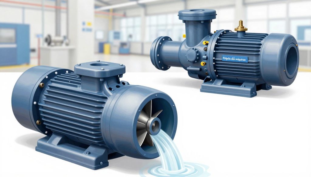 A detailed illustration depicting axial and mixed flow centrifugal pumps in a professional setting. In the foreground, showcase a close-up of an axial flow pump, highlighting its sleek design, propeller blades, and inlet area with flowing liquid to emphasize function. In the middle ground, feature a mixed flow pump, showcasing distinct design elements such as a combination of vertical and horizontal flow dynamics. Include technical components like piping and valves, all under bright, evenly distributed lighting to enhance visibility of details. The background should subtly depict a workshop environment, hinting at industrial machinery and equipment. The overall atmosphere should be informative and professional, ideally conveying the precision and efficiency of these pump types. Brand name "Galpão das máquinas" subtly incorporated in the design without text or overlay.