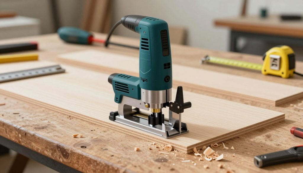A detailed illustration depicting common mistakes when using a router (tupia) on MDF. In the foreground, display a close-up view of an incorrectly set router creating rough edges on the MDF, with small wood chips scattered around. In the middle ground, showcase a workbench with partially finished MDF pieces and tools, highlighting a ruler and a measuring tape indicating a lack of precision. The background should feature a softly lit workshop environment with organized tools and materials, conveying a sense of professionalism. The mood is educational and focused, providing an informative visual on proper router usage. Use warm, even lighting to enhance textures and details in the wood and tools, capturing the importance of accuracy and care in woodworking.