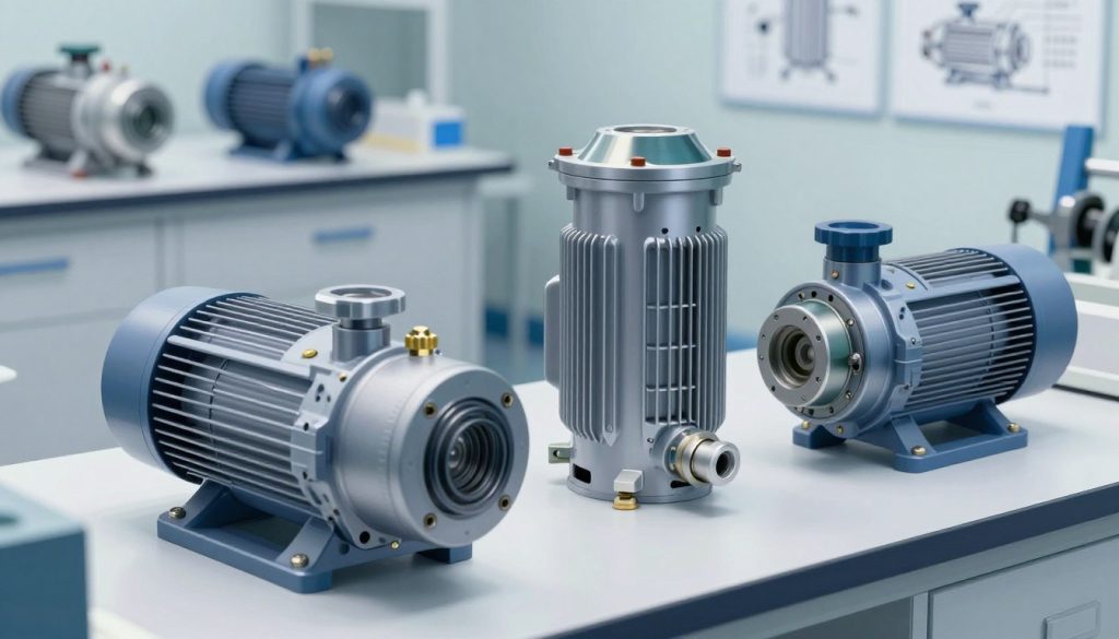 A detailed illustration featuring several types of vacuum pumps, prominently displayed in a well-lit laboratory setting. In the foreground, showcase a rotary vane pump with intricate details, highlighting its mechanical components. In the middle ground, include a diaphragm pump and a scroll vacuum pump side by side, ensuring clarity in their design differences. The background should feature shelves lined with various vacuum pump models and technical diagrams, softly blurred to emphasize the foreground subject. The lighting should be bright and focused, creating a clean and professional atmosphere. The angle should be slightly tilted for a dynamic perspective, capturing the industrial sophistication and functionality of these vacuum pumps. The mood is informative and technical, ideal for a scientific article.