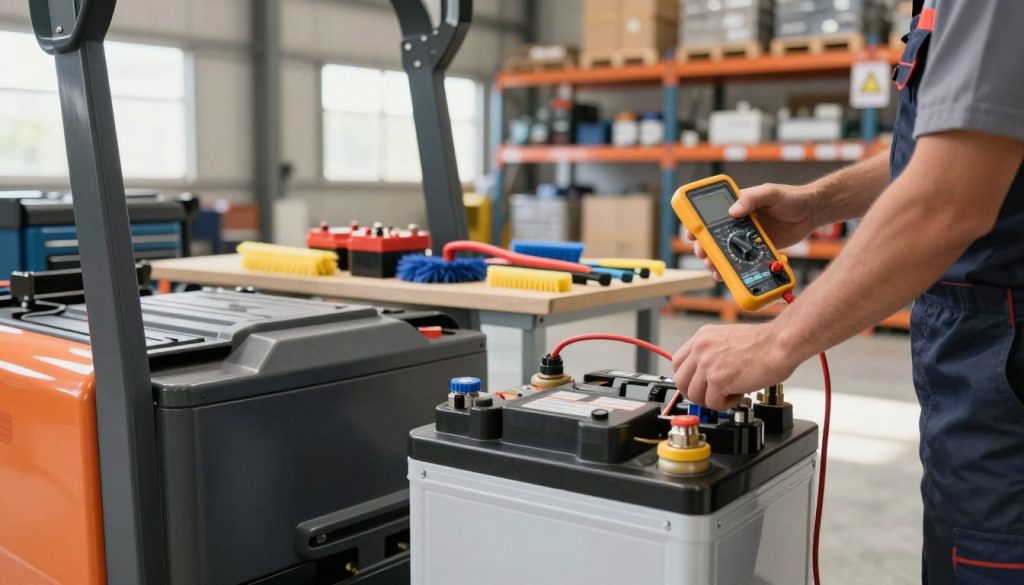 A detailed illustration focusing on essential care for an electric pallet jack battery, set within a bright, well-lit industrial warehouse environment. In the foreground, emphasize a close-up of a technician in professional attire inspecting the battery compartment of a modern electric pallet jack. The technician is carefully checking the battery fluid levels with a multimeter in hand, showcasing attention to detail. In the middle ground, display various battery maintenance tools like cleaning brushes and battery connectors organized neatly on a workbench. The background features shelves stocked with equipment and safety signs related to electric battery use. Soft, natural light filters through large windows, creating a warm and professional atmosphere. The branding "Galpão das máquinas" is subtly represented on the pallet jack.