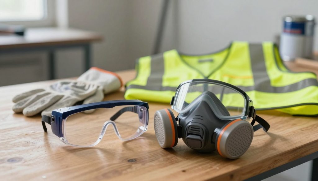 A detailed illustration focusing on personal protective equipment (PPE) for use with a paint sprayer. In the foreground, display a high-quality pair of safety goggles and a respirator mask on a wooden table. In the middle ground, include a pair of durable gloves and a reflective safety vest. The background should feature a softly blurred industrial setting, such as a workshop or a painting area, with subtle hints of paint cans and tools. Use natural lighting to create an inviting atmosphere, with a slight glow emphasizing the PPE items. The composition should convey a sense of safety and preparedness, evoking a professional tone, ideal for an educational context. The angle should be slightly above the tabletop, capturing the items at a pleasing perspective.